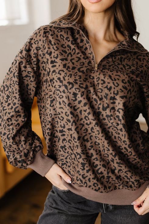Textured Ribbed Knit Animal Print Pullover
