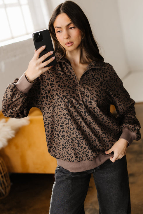 Textured Ribbed Knit Animal Print Pullover