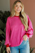 Textured Ribbed Knit Balloon Sleeve Pullover Top