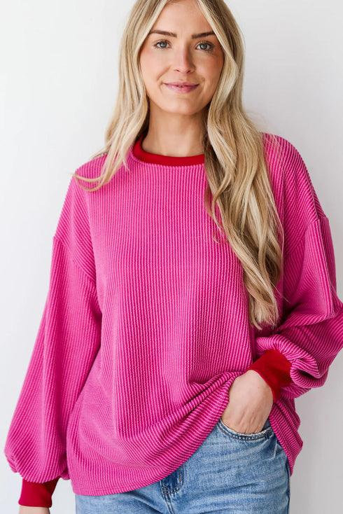 Textured Ribbed Knit Balloon Sleeve Pullover Top