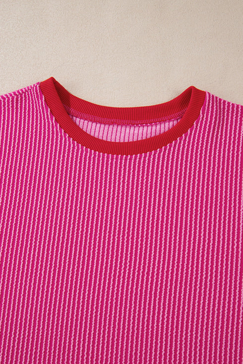 Textured Ribbed Knit Balloon Sleeve Pullover Top