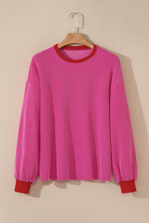 Textured Ribbed Knit Balloon Sleeve Pullover Top