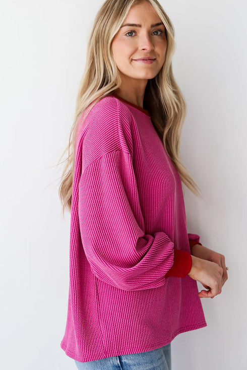 Textured Ribbed Knit Balloon Sleeve Pullover Top