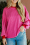 Textured Ribbed Knit Balloon Sleeve Pullover Top