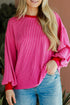 Textured Ribbed Knit Balloon Sleeve Pullover Top