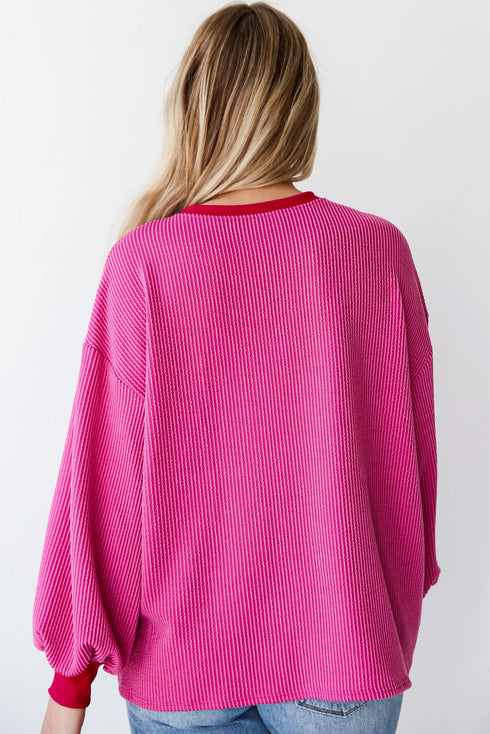 Textured Ribbed Knit Balloon Sleeve Pullover Top
