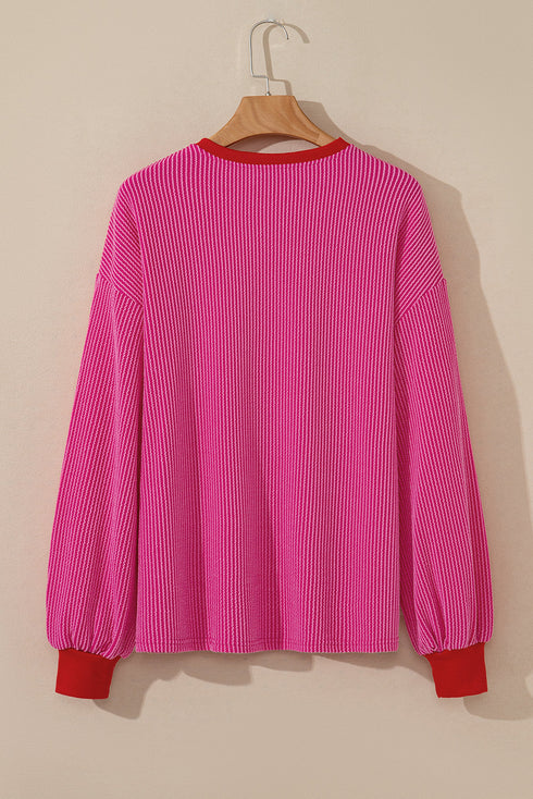 Textured Ribbed Knit Balloon Sleeve Pullover Top