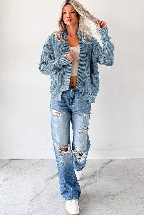 Textured Ribbed Knit Open Front Relaxed Cardigan