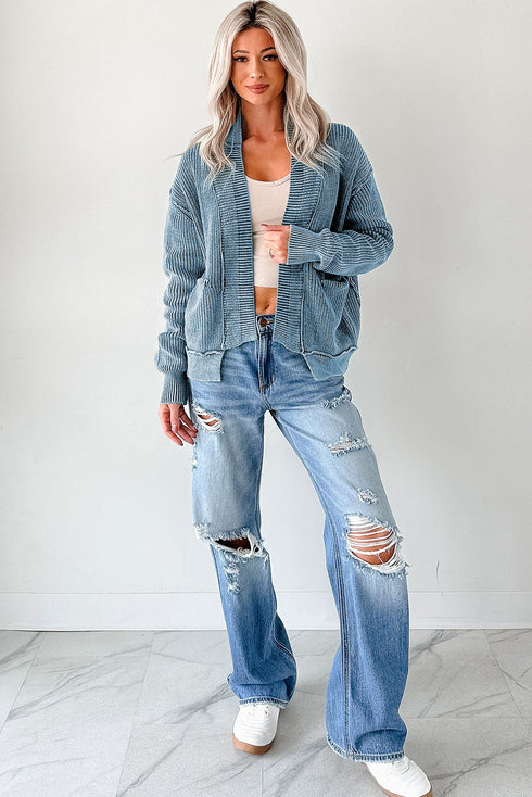 Textured Ribbed Knit Open Front Relaxed Cardigan