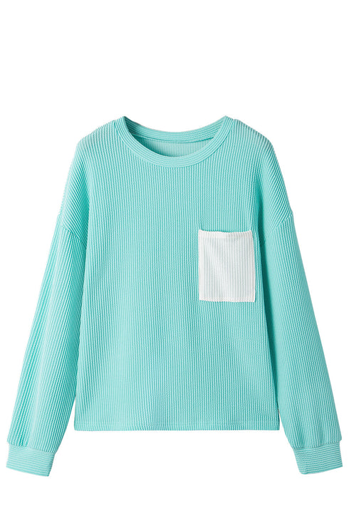 Textured Ribbed Knit Patch Pocket Casual Top