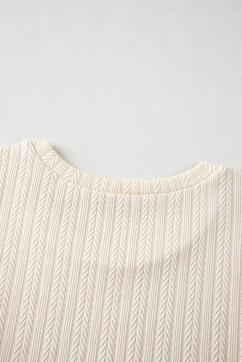 Textured Ribbed Knit Polka Dot Mesh Sleeve Blouse
