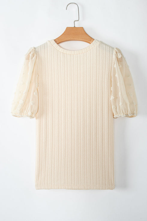 Textured Ribbed Knit Polka Dot Mesh Sleeve Blouse