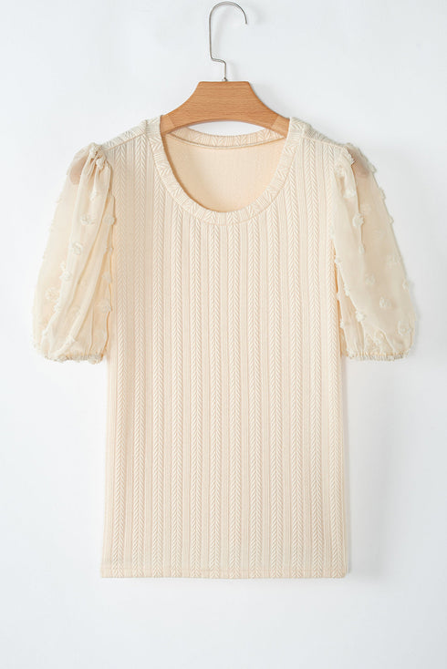 Textured Ribbed Knit Polka Dot Mesh Sleeve Blouse