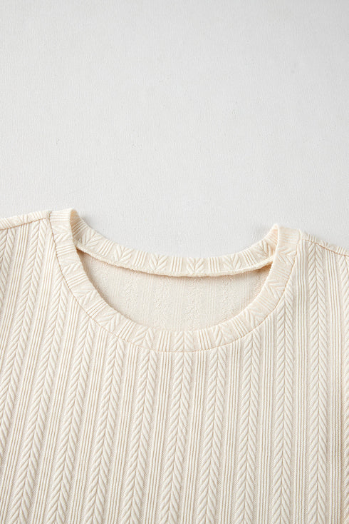 Textured Ribbed Knit Polka Dot Mesh Sleeve Blouse