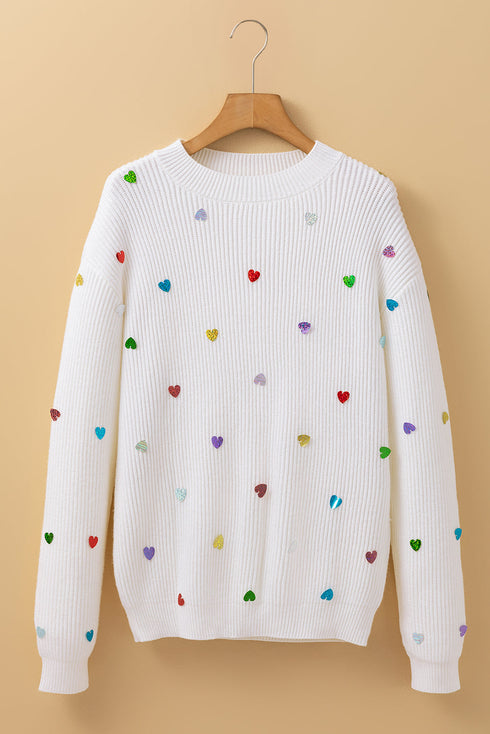 Textured Ribbed Knit Scattered Heart Crew Neck Sweater