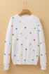 Textured Ribbed Knit Scattered Heart Crew Neck Sweater