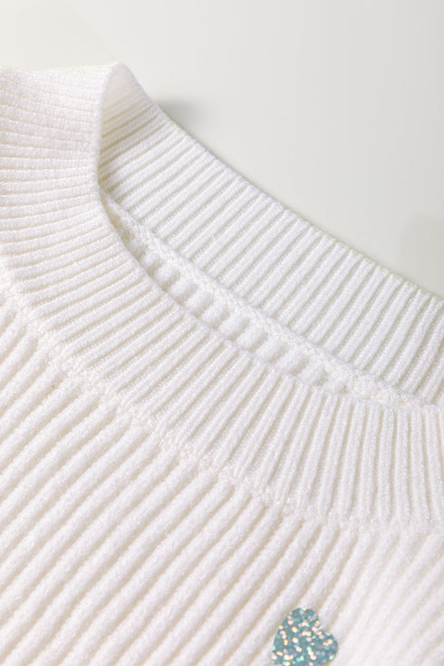 Textured Ribbed Knit Scattered Heart Crew Neck Sweater