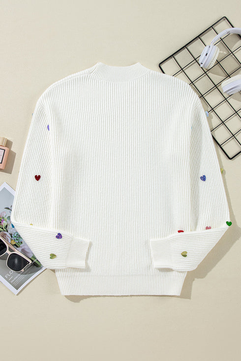 Textured Ribbed Knit Scattered Heart Crew Neck Sweater