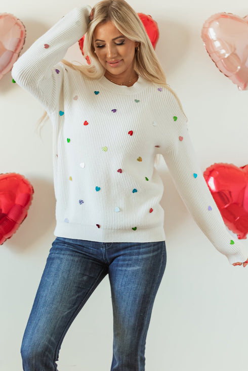 Textured Ribbed Knit Scattered Heart Crew Neck Sweater