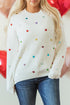 Textured Ribbed Knit Scattered Heart Crew Neck Sweater