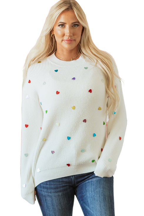 Textured Ribbed Knit Scattered Heart Crew Neck Sweater