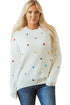 Textured Ribbed Knit Scattered Heart Crew Neck Sweater