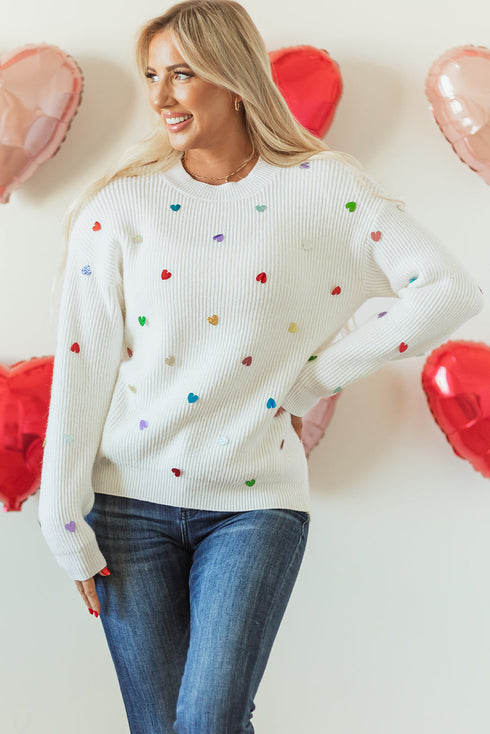 Textured Ribbed Knit Scattered Heart Crew Neck Sweater