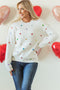 Textured Ribbed Knit Scattered Heart Crew Neck Sweater