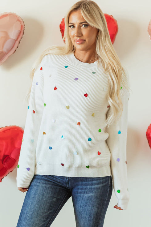 Textured Ribbed Knit Scattered Heart Crew Neck Sweater