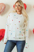 Textured Ribbed Knit Scattered Heart Crew Neck Sweater