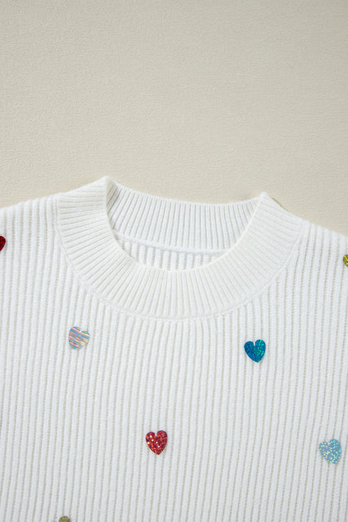 Textured Ribbed Knit Scattered Heart Crew Neck Sweater