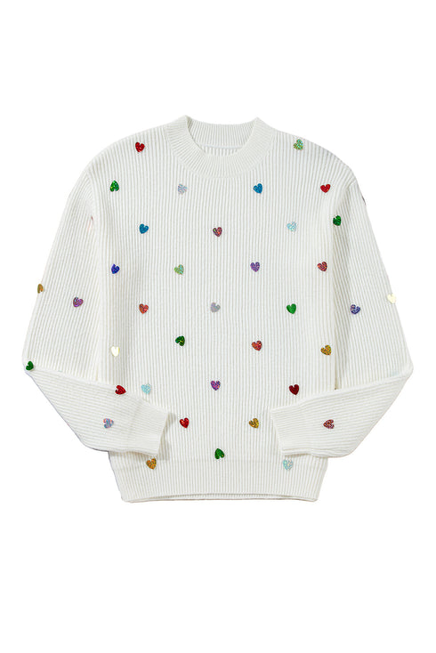 Textured Ribbed Knit Scattered Heart Crew Neck Sweater