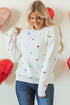 Textured Ribbed Knit Scattered Heart Crew Neck Sweater