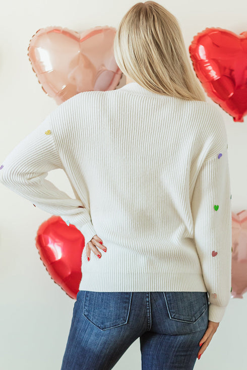 Textured Ribbed Knit Scattered Heart Crew Neck Sweater