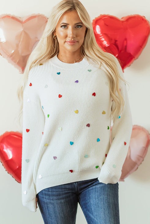 Textured Ribbed Knit Scattered Heart Crew Neck Sweater