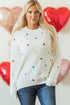 Textured Ribbed Knit Scattered Heart Crew Neck Sweater
