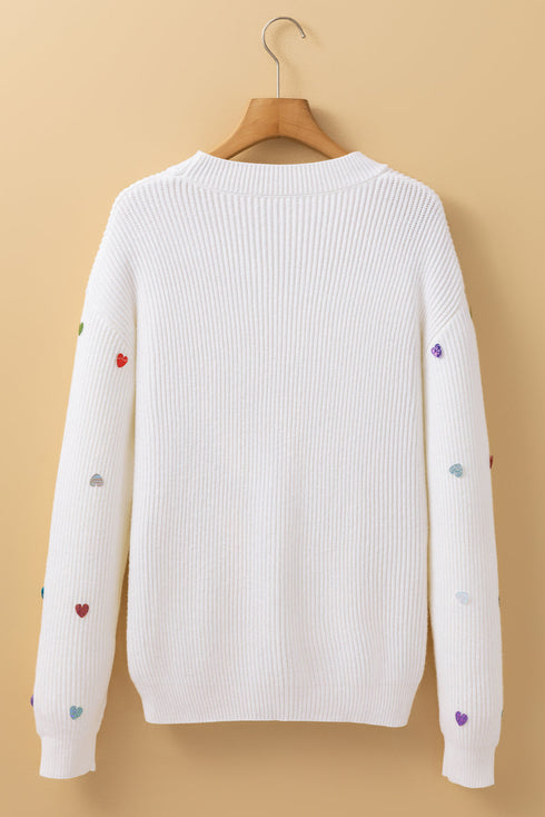 Textured Ribbed Knit Scattered Heart Crew Neck Sweater