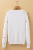 Textured Ribbed Knit Scattered Heart Crew Neck Sweater