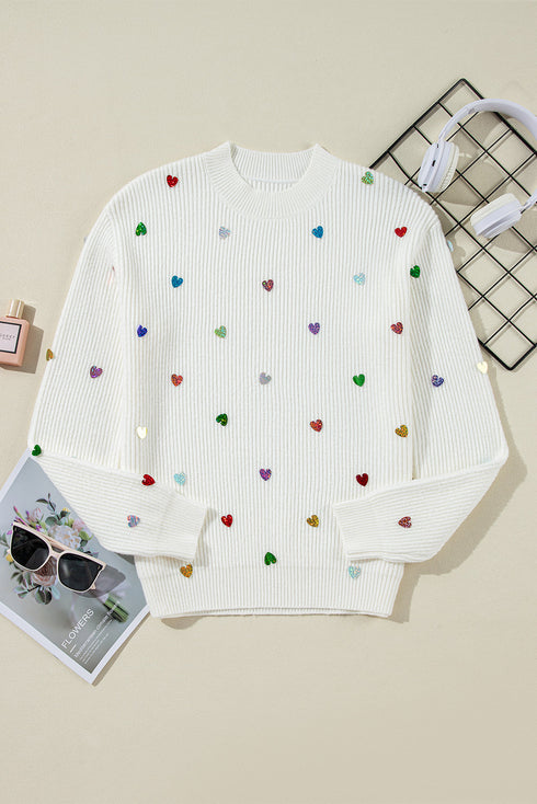 Textured Ribbed Knit Scattered Heart Crew Neck Sweater