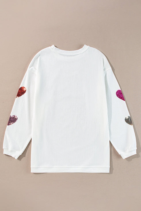Textured Ribbed Knit Sequin Heart Oversized Pullover Sweatshirt