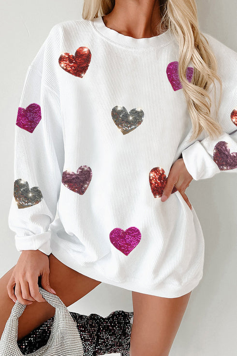 Textured Ribbed Knit Sequin Heart Oversized Pullover Sweatshirt