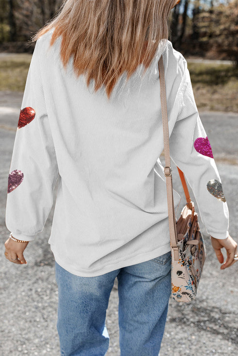 Textured Ribbed Knit Sequin Heart Oversized Pullover Sweatshirt