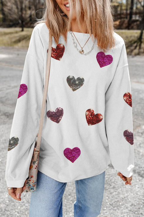 Textured Ribbed Knit Sequin Heart Oversized Pullover Sweatshirt