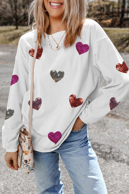 Textured Ribbed Knit Sequin Heart Oversized Pullover Sweatshirt