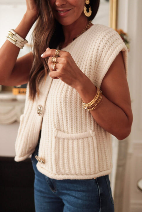 Textured Ribbed Knit Sleeveless Button Front Sweater Vest