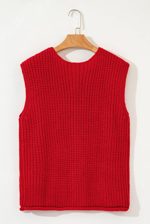 Textured Ribbed Knit Sleeveless Button Front Sweater Vest