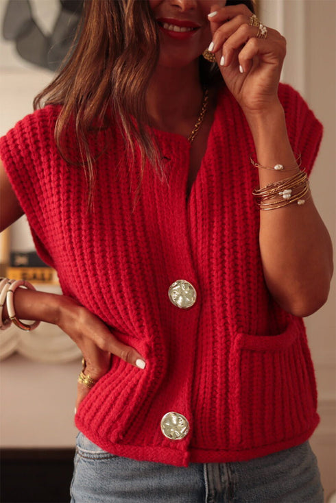 Textured Ribbed Knit Sleeveless Button Front Sweater Vest