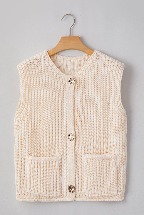 Textured Ribbed Knit Sleeveless Button Front Sweater Vest