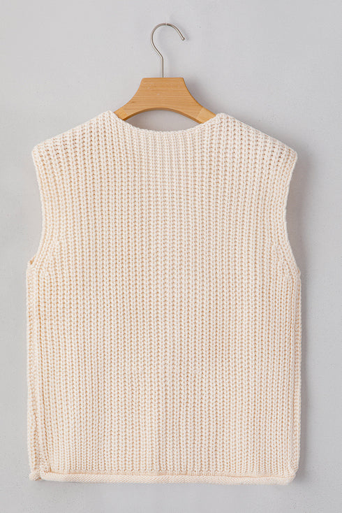 Textured Ribbed Knit Sleeveless Button Front Sweater Vest
