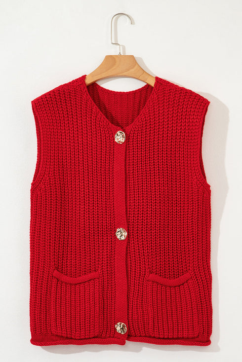 Textured Ribbed Knit Sleeveless Button Front Sweater Vest